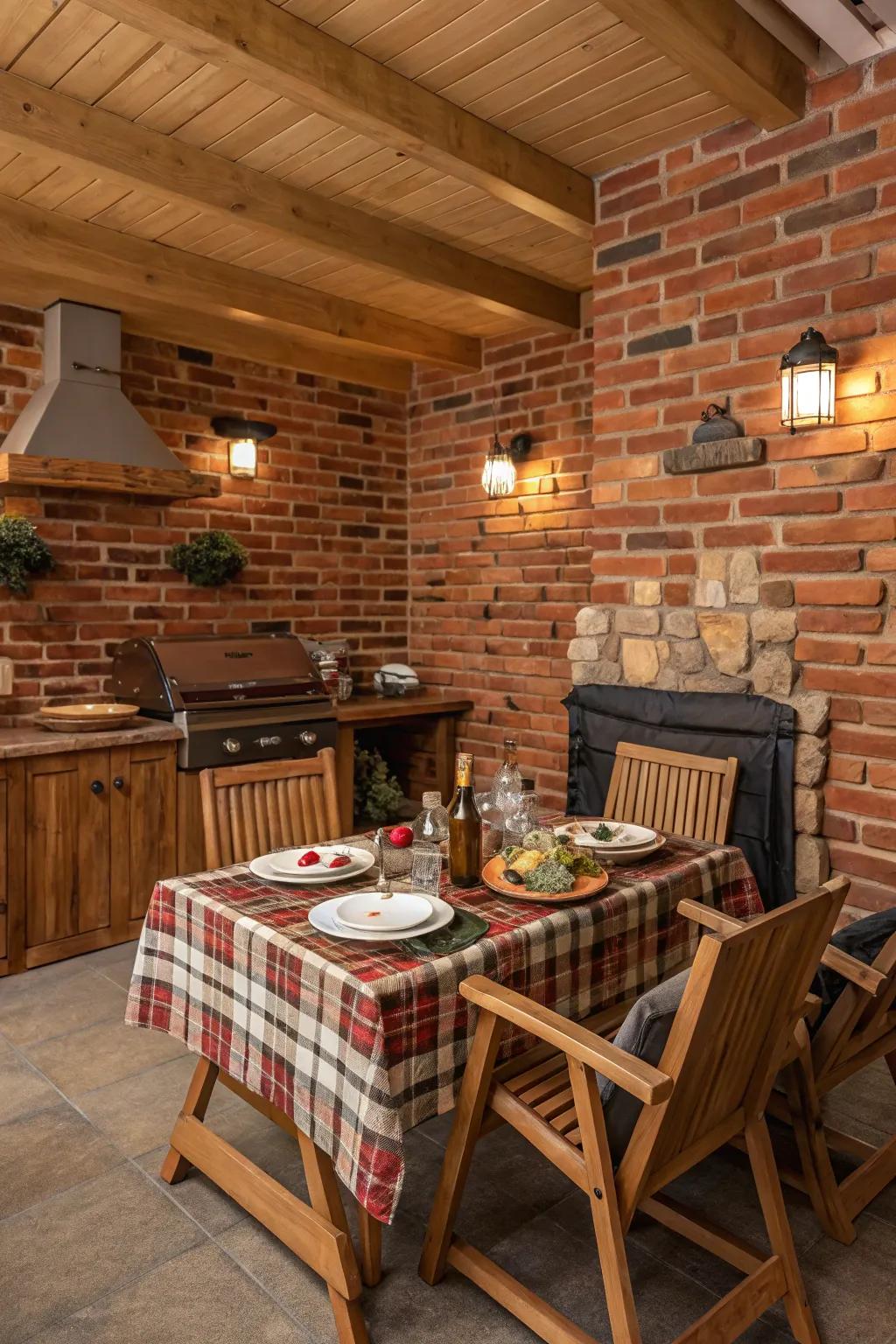 For indoor BBQs, brick and wood components offer a cozy, outdoor atmosphere.