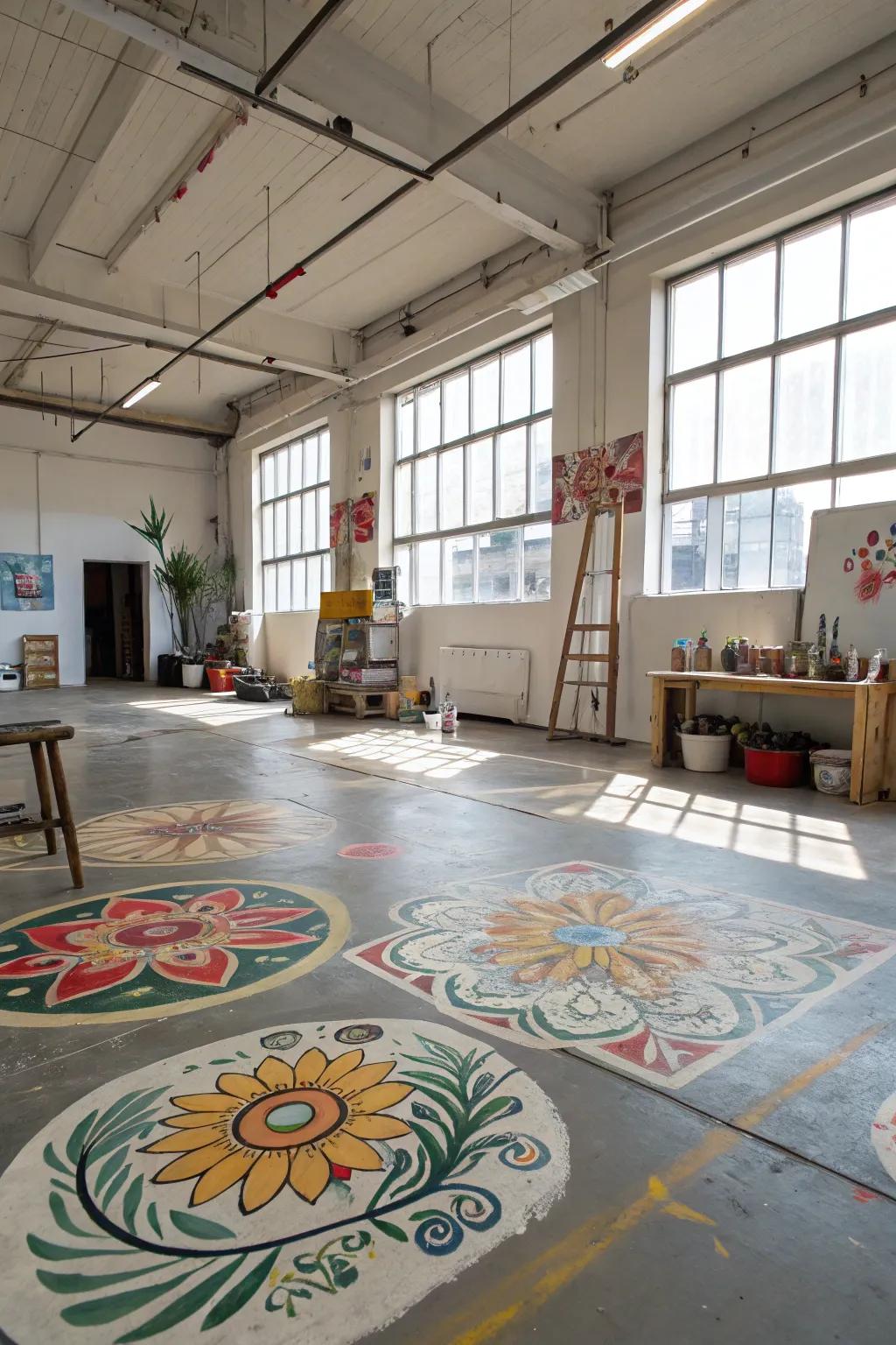 Artistic freehand expressions on a concrete floor highlight the unique personality of this art studio.