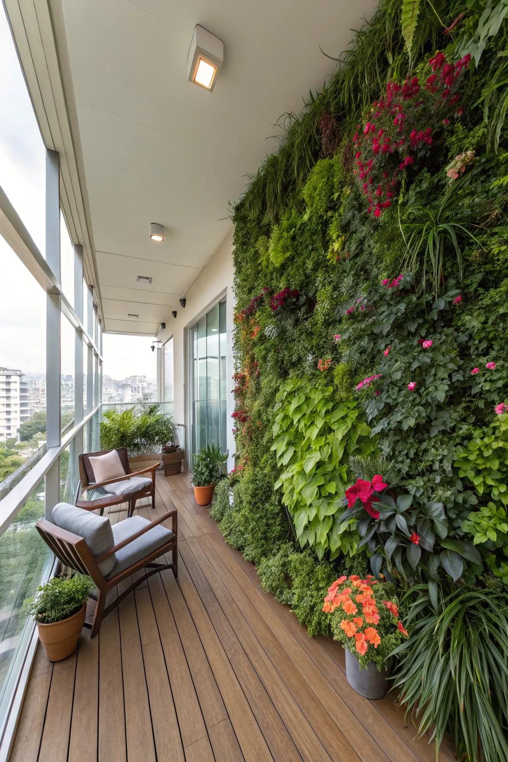 A vertical garden contributes a vibrant, verdant element to this indoor deck.