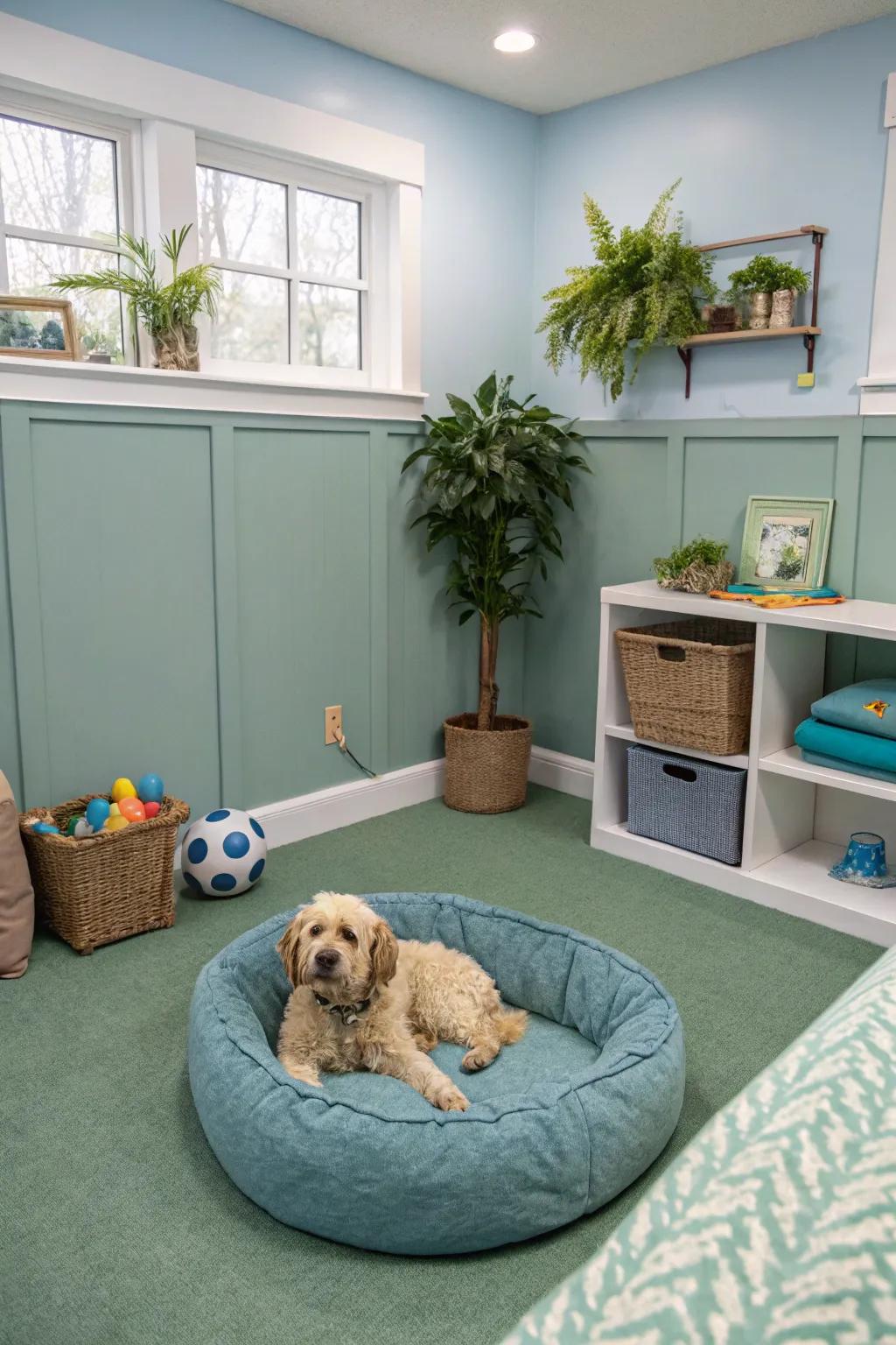 A peaceful dog room using calming hues.