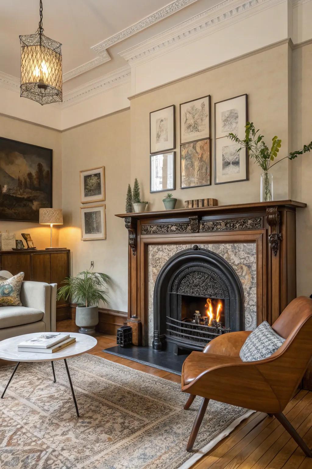 A living space presenting a vintage fireplace surround harmonized with modern decorative components.
