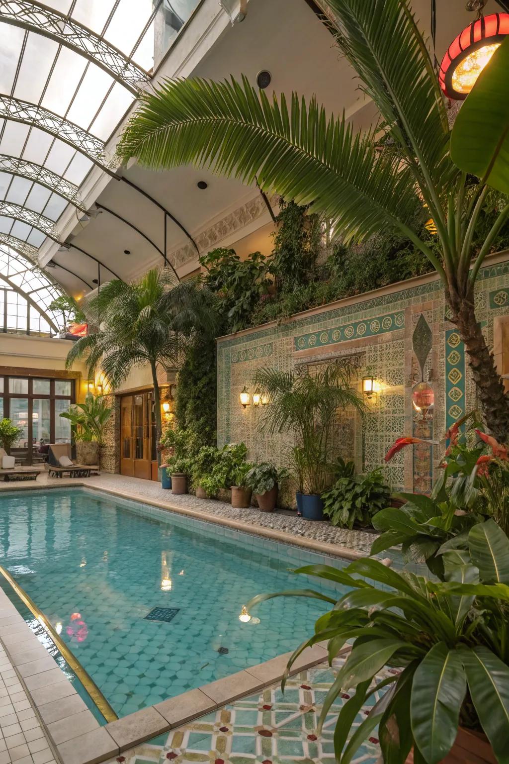 An interior pool with a tropical design and abundant greenery
