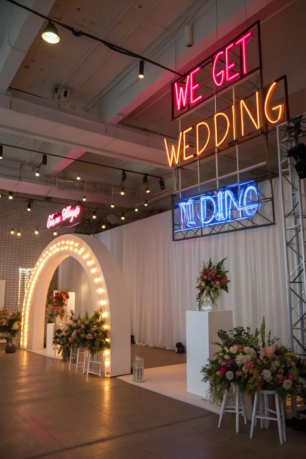 Luminescent emblems imparting a modern and playful vibe to the wedding.