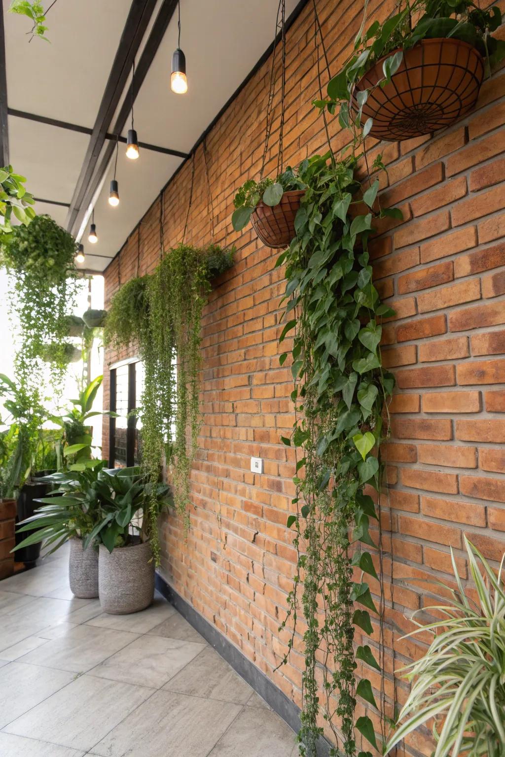 An indoor plant sanctuary with a brick wall adorned with hanging plants, crafting a tranquil retreat.