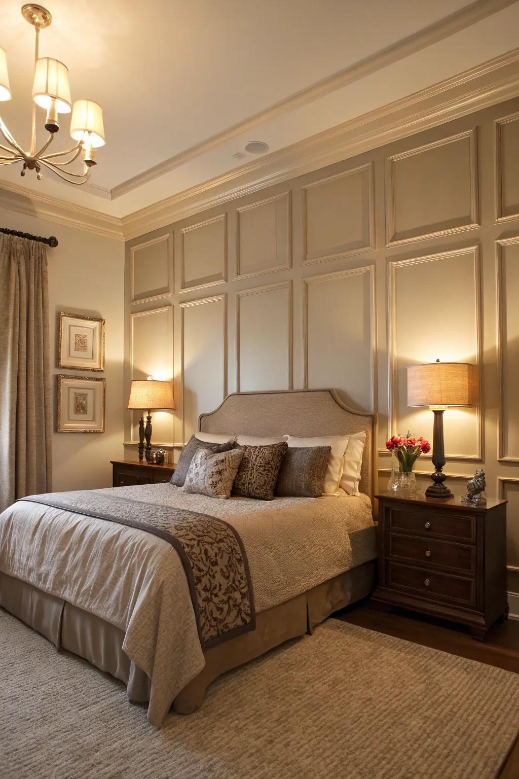 A bedroom accent wall featuring panel moldings creates a stunning focal point.
