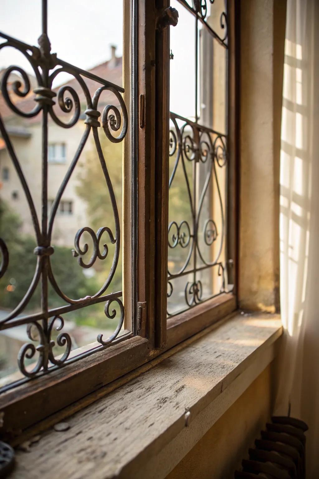 A window ledge showcasing forged metalwork subtleties, thereby appending vintage refinement to the ornamentation.