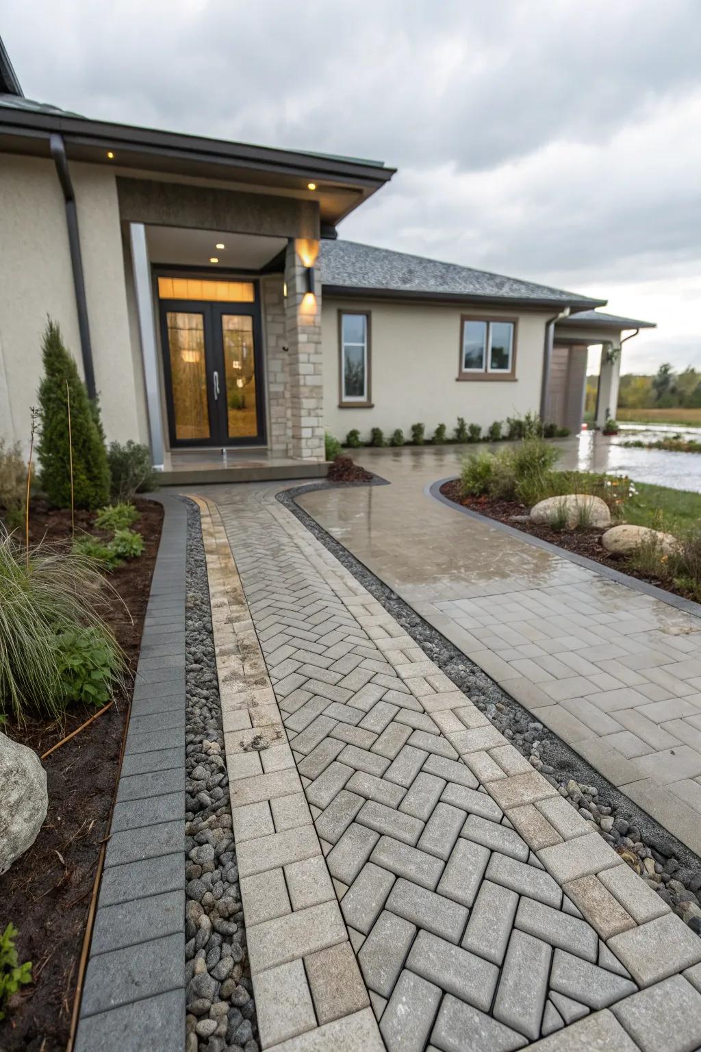 Eco-conscious pattern featuring permeable pavers for effective water management.