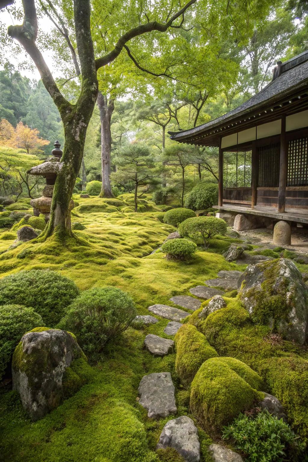 A soft, inviting carpet of verdant growth in a Japanese garden.