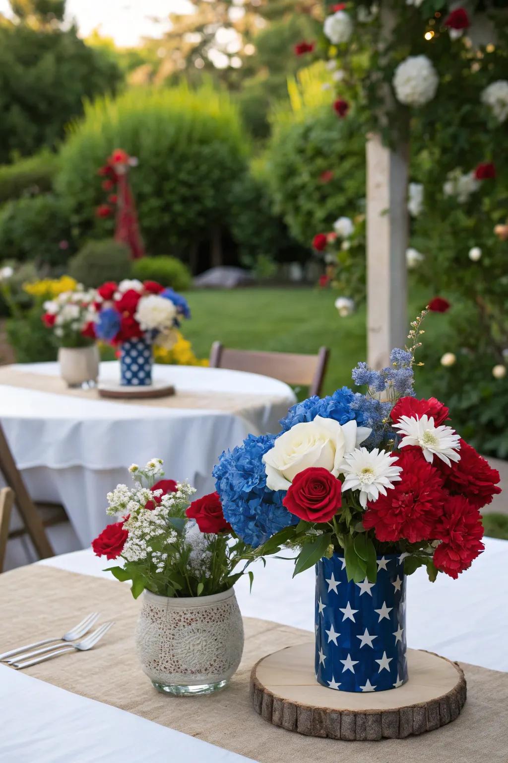 Patriotic focal points with flowers in the national colors.
