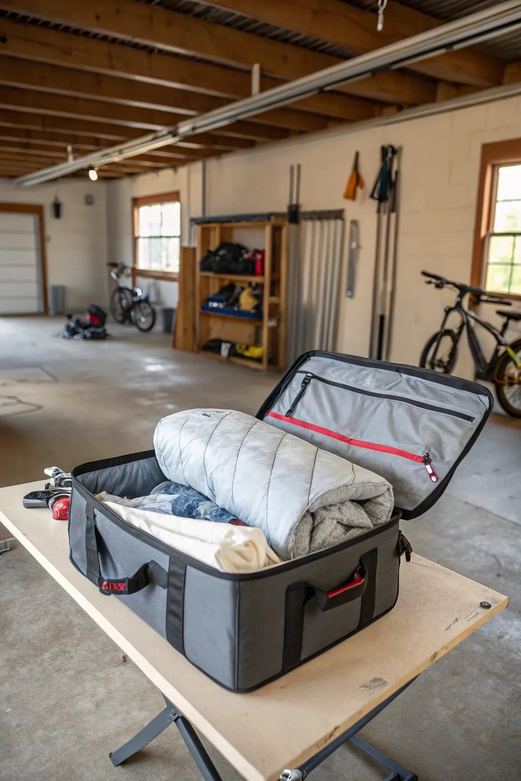 Weatherproof bags safeguard comforters kept in less controlled environments.