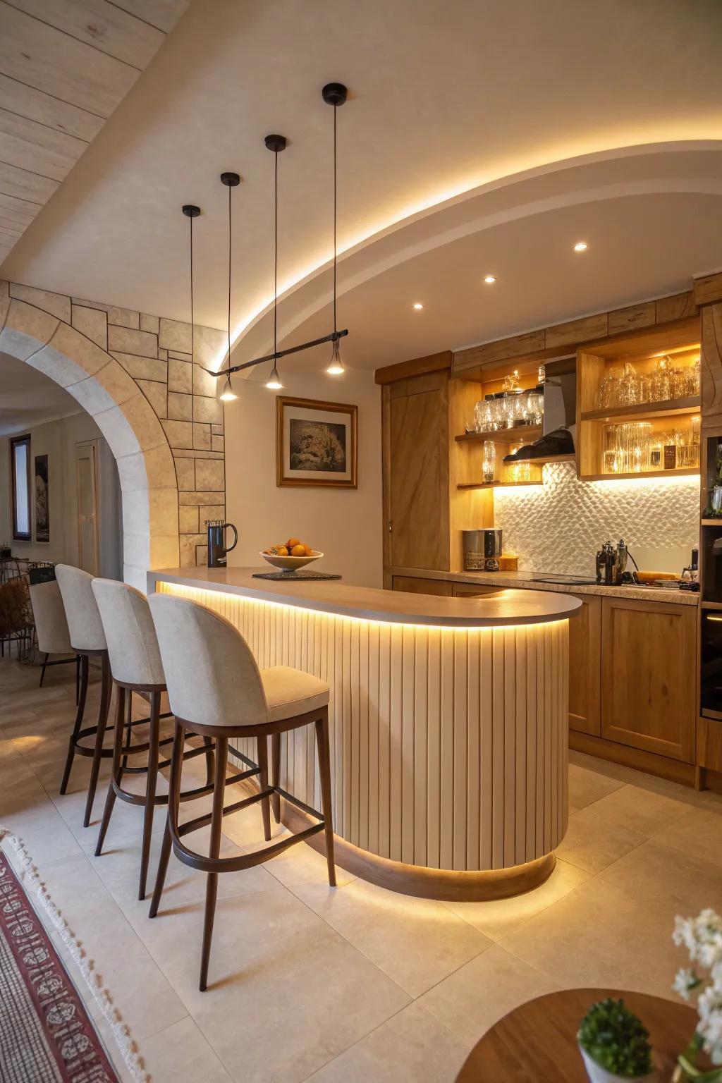 Curved designs add a welcoming feel to kitchen bars.