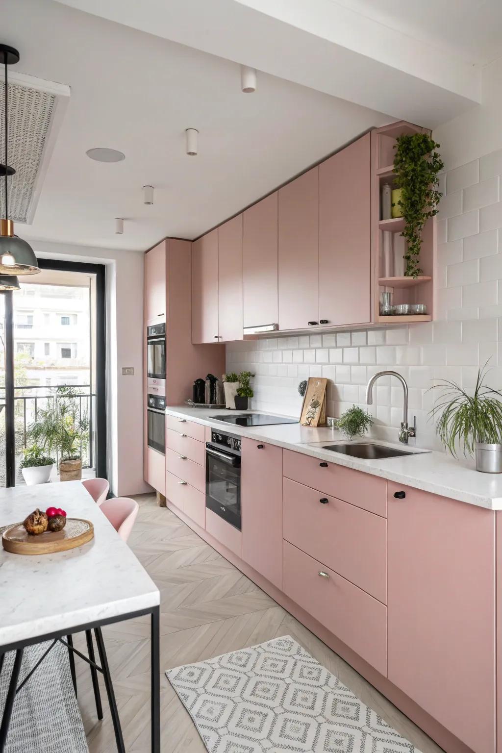 Playful blush shades infuse a whimsical and fashionable vibe into the kitchen.