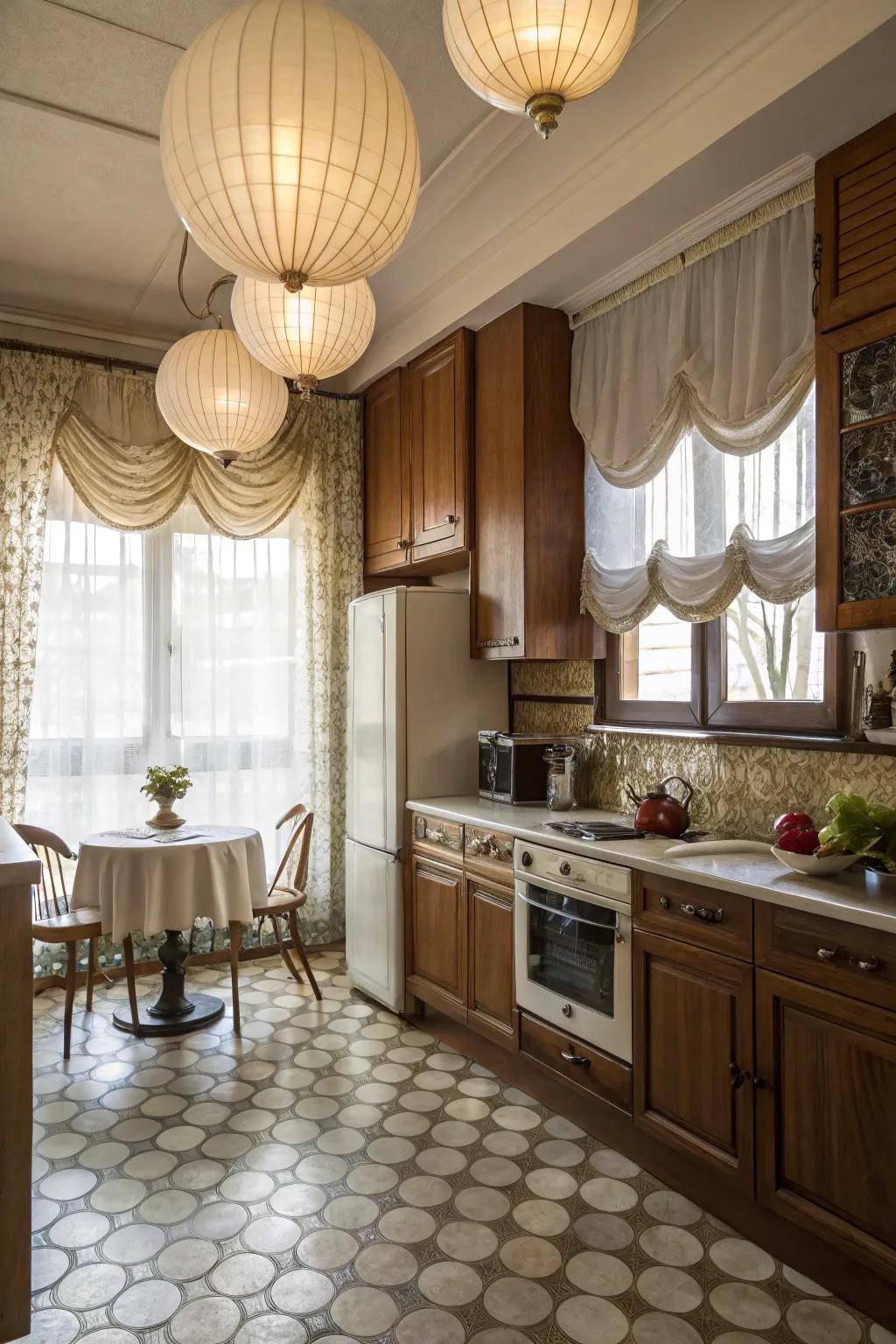Retro balloon shades append amorous allure to this cooking space.