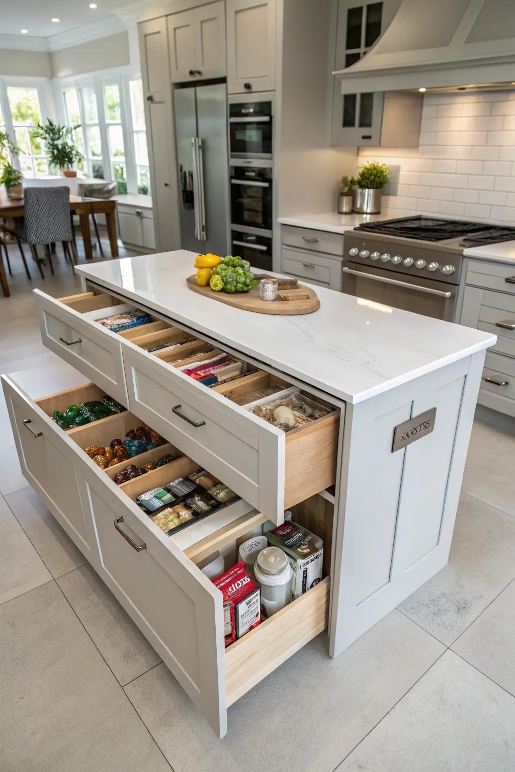 A kitchen island featuring discreet storage for a functional and fashionable solution.