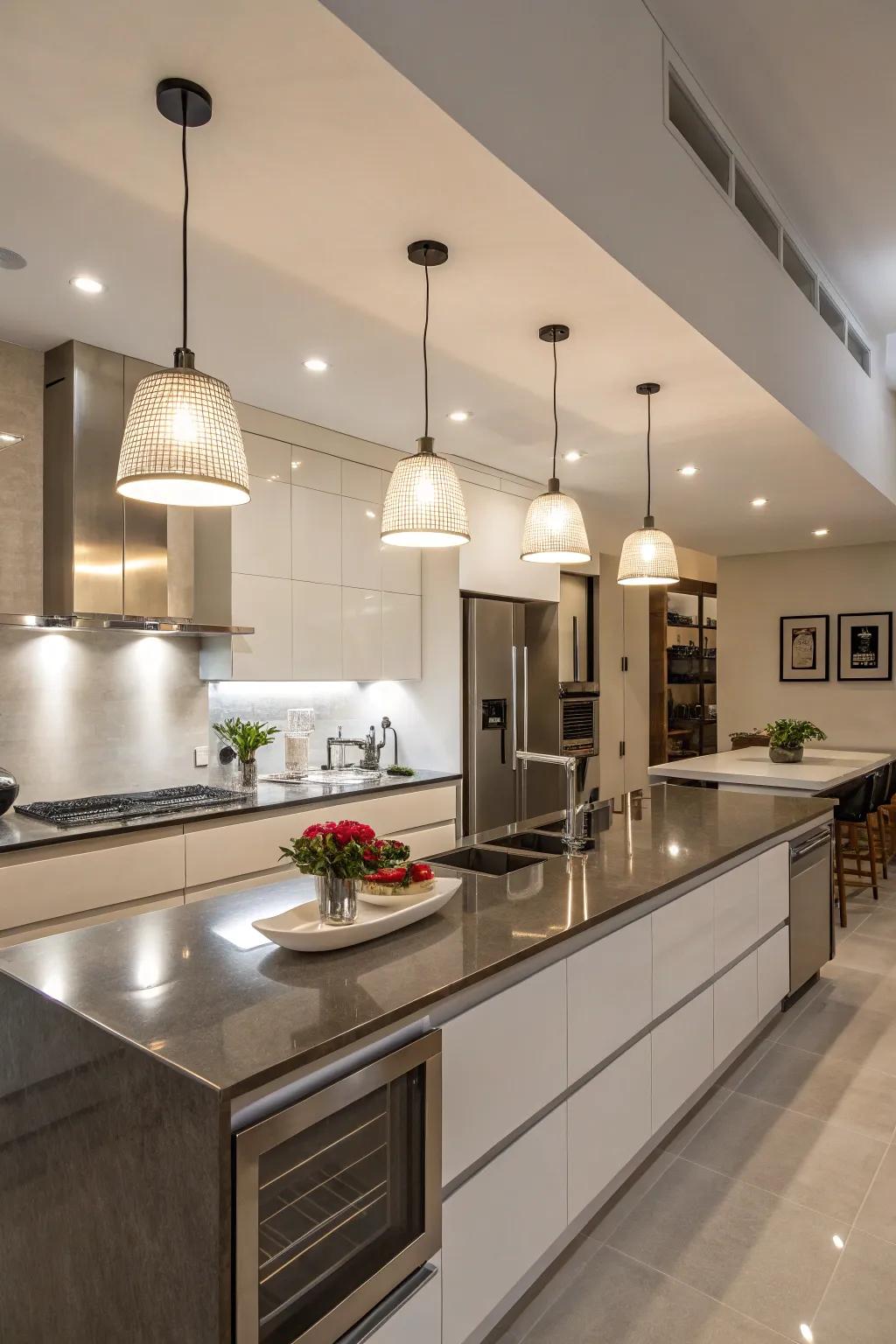 Streamlined and contemporary luminaire designs cultivate a contemporary ambiance in this culinary space.