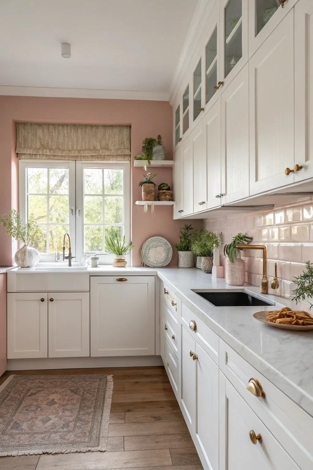Rose tinted walls present a soft and sophisticated aesthetic.