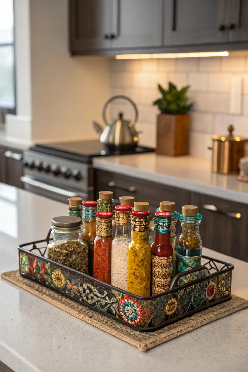Flavorings elegantly arrayed contribute coloration and accessibility.