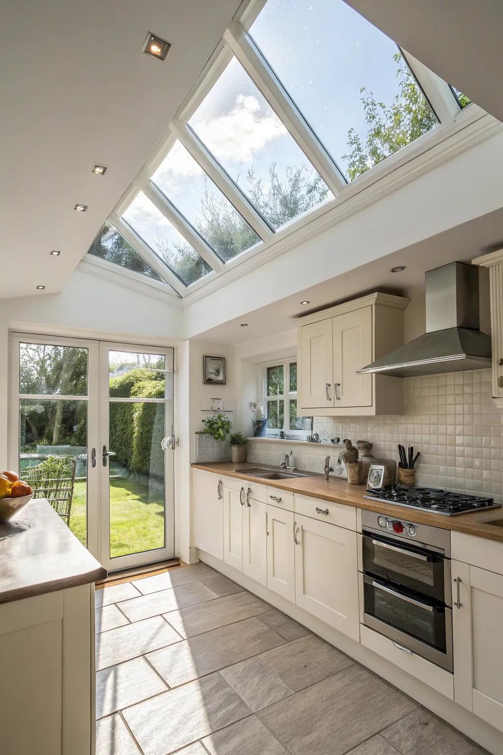 The incorporation of operable skylights enhances kitchen ventilation, thereby facilitating the circulation of fresh air.