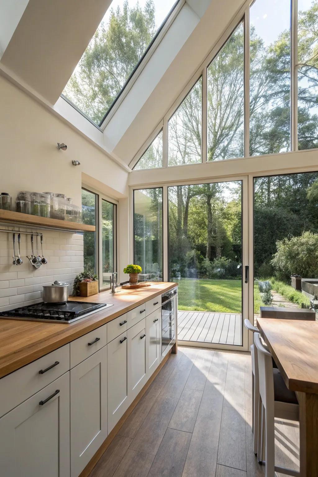 A glass partition connects this kitchen with its natural surroundings.