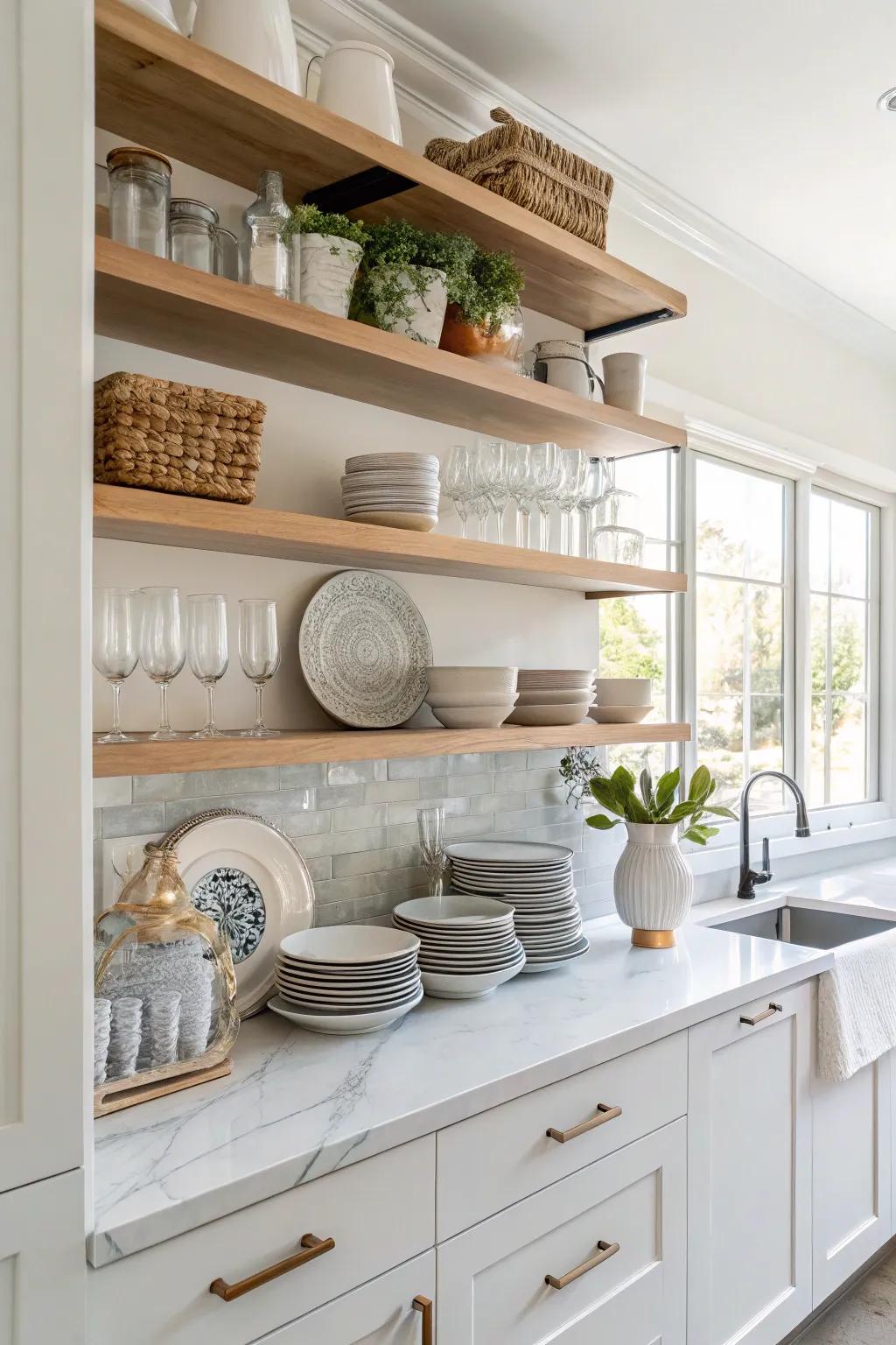 Exposed shelves offering practicality and style.