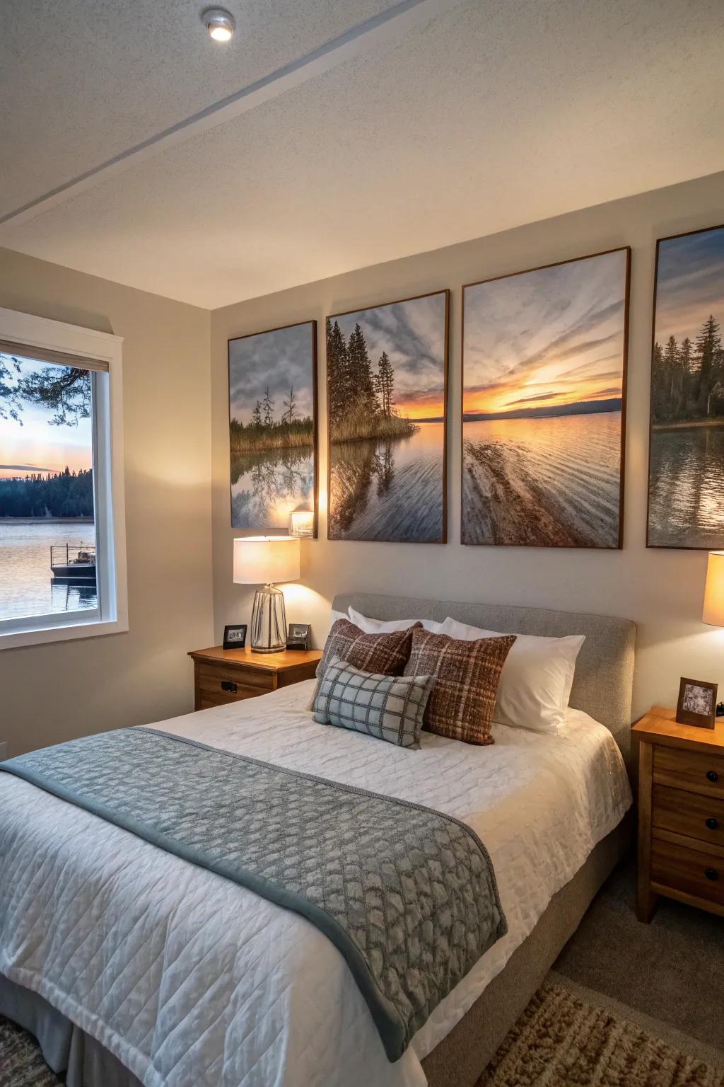 Art celebrating lake living enriches the bedroom's look.