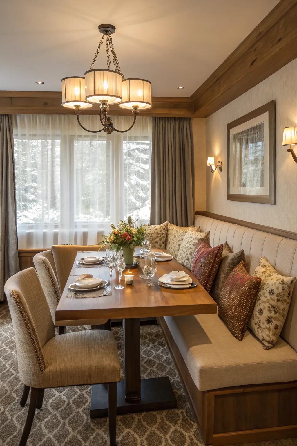 Bench seating conserves space and adds a cozy touch.