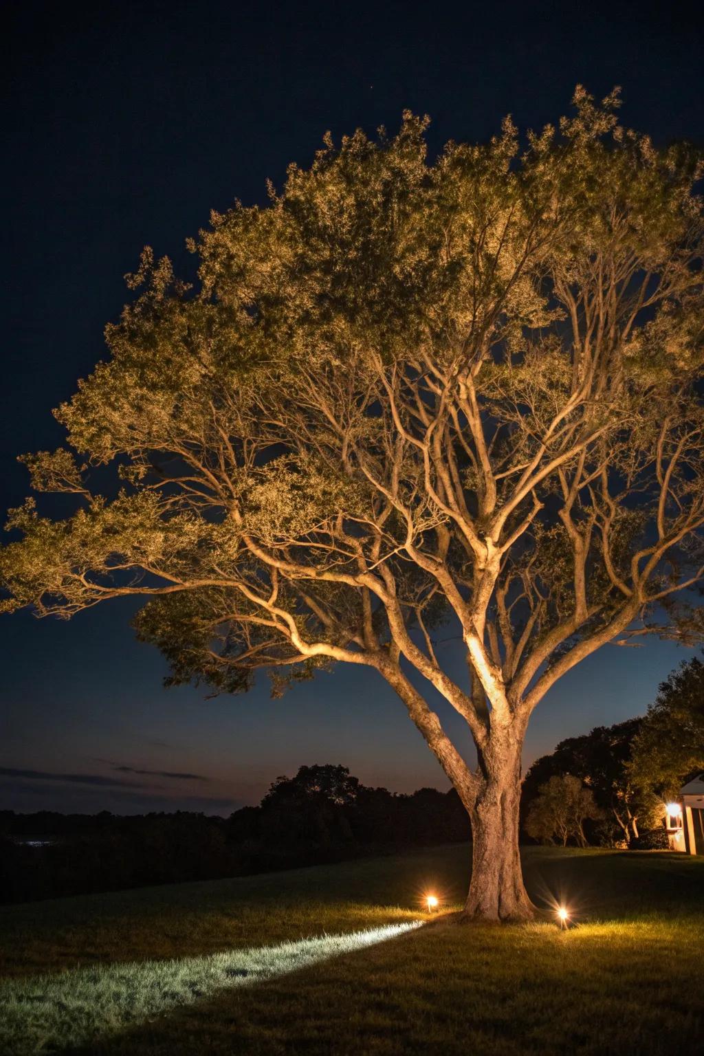 Dusk lighting transmutes trees into arresting evening features.