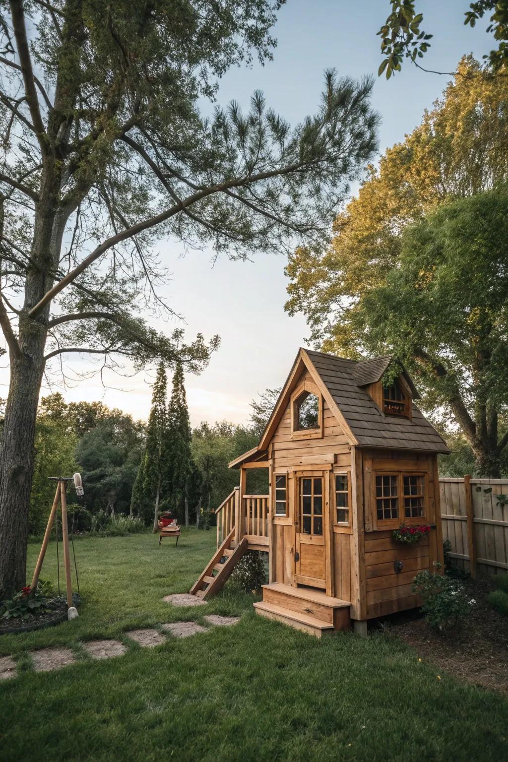 A timber playhouse transforms into an enchanting area for children's recreation.