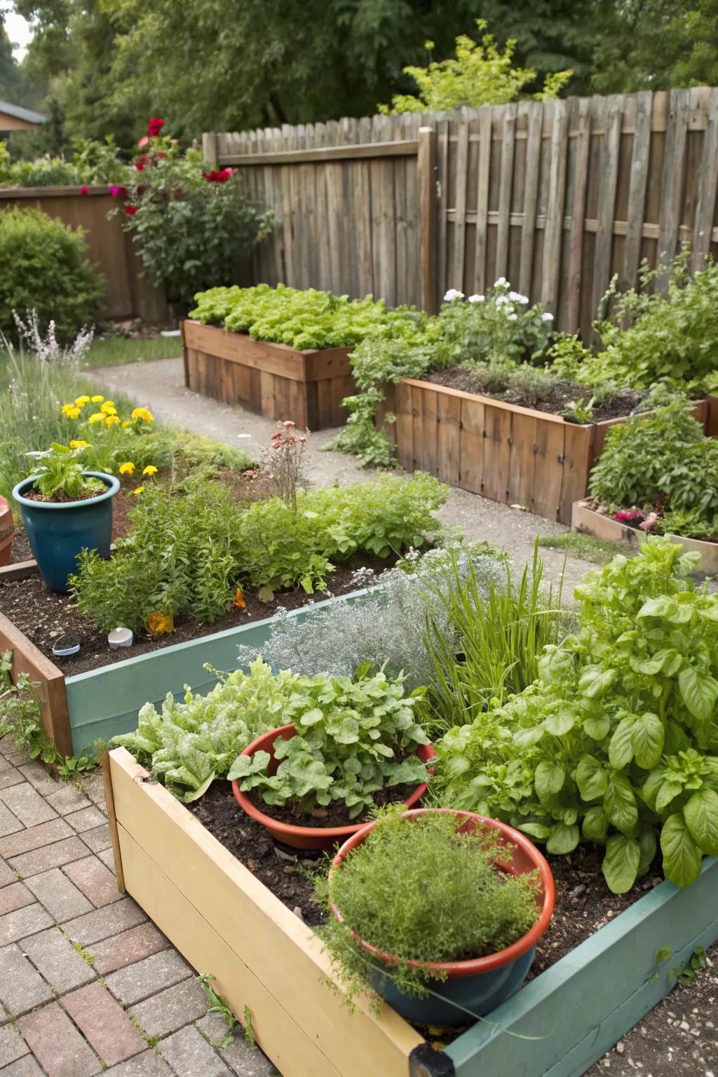 A garden featuring elevated beds with greens and herbs, merging beauty and utility.