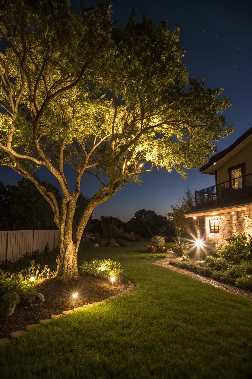 A tree beautifully illuminated by night lights, crafting an enchanting garden.