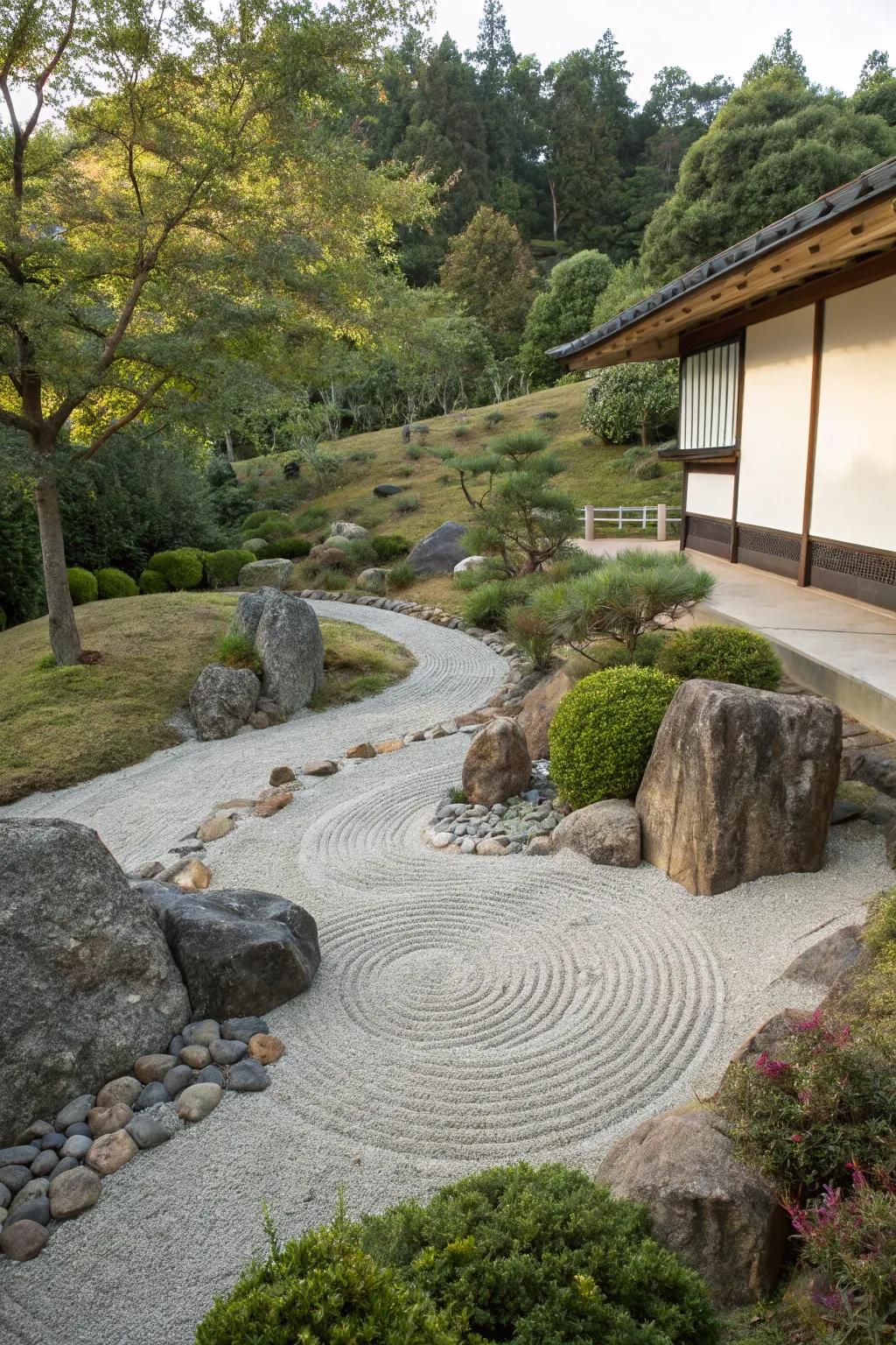 Zen gardens impart tranquility and order to inclined terrains.