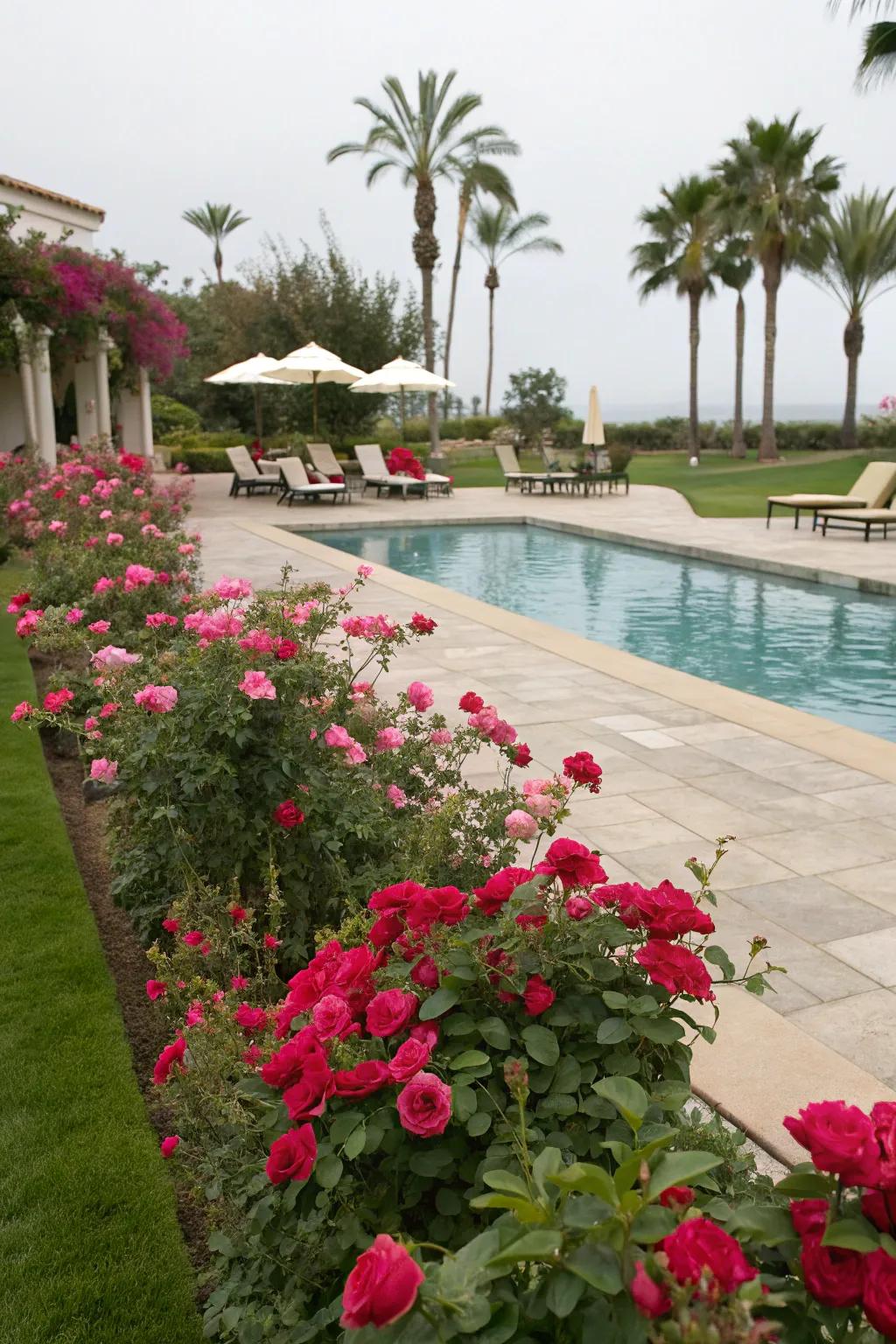 Everbloom roses create a poolside oasis.