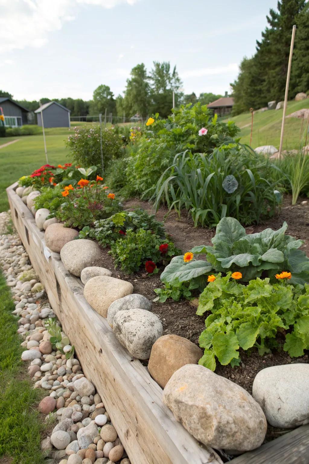 Vast stones deliver a natural border for rustic raised beds.