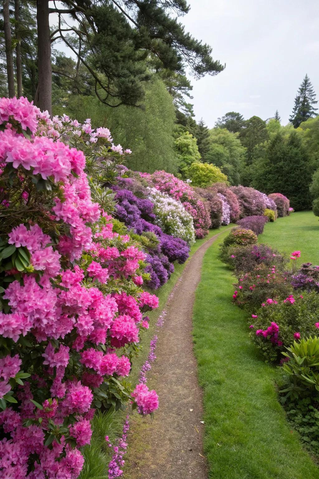 Rhododendrons form a vibrant border encircling garden plots.