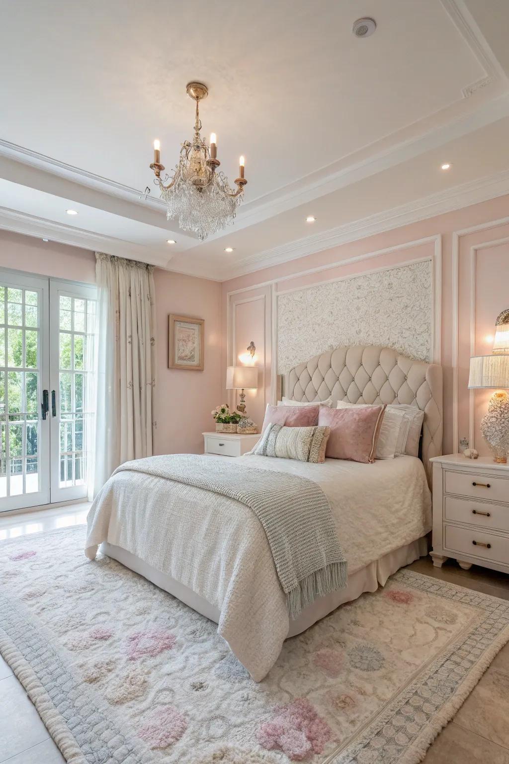 Subdued colors introduce a calming and serene ambiance to this expansive bedroom.