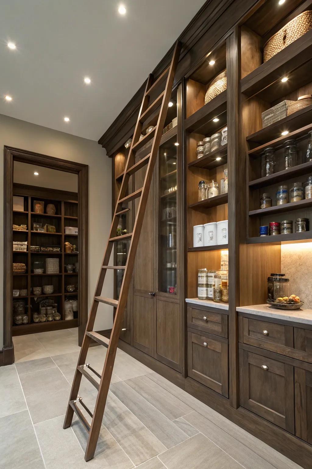 A library-style stairway incorporates elegance and accessibility to your pantry.