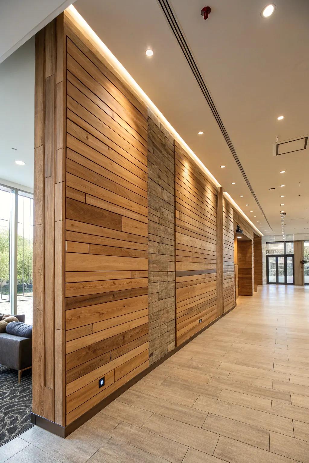 Natural components, including wood and stone, bestow an earthy allure upon grand walls.