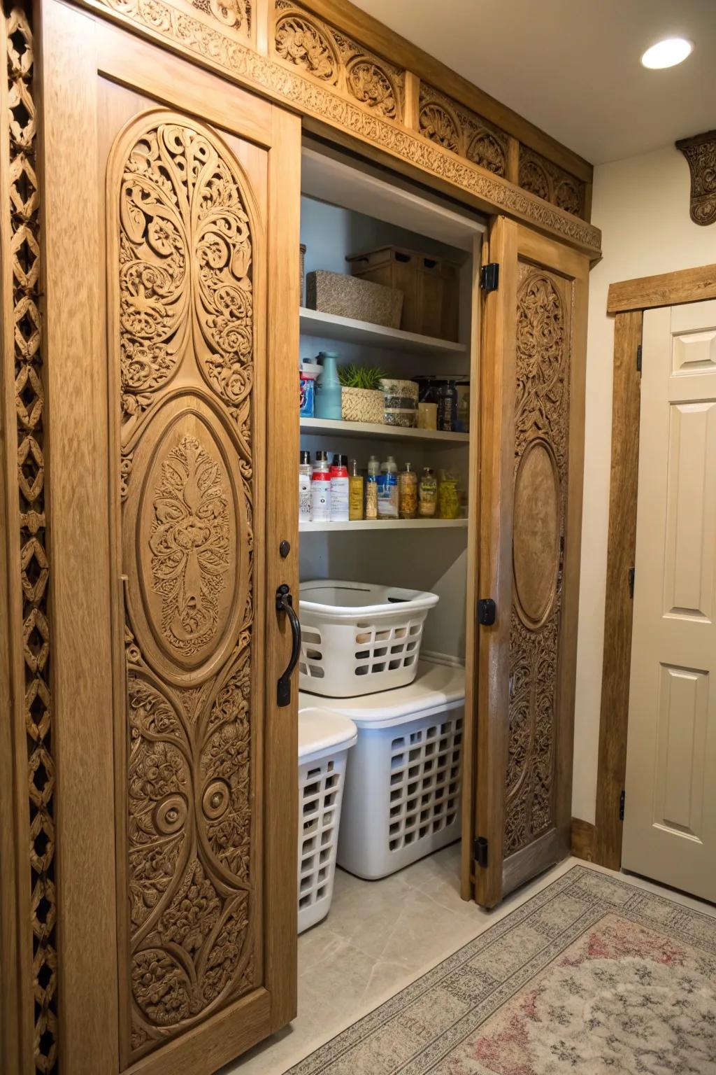Carved doors give an artistic touch to your laundry space.