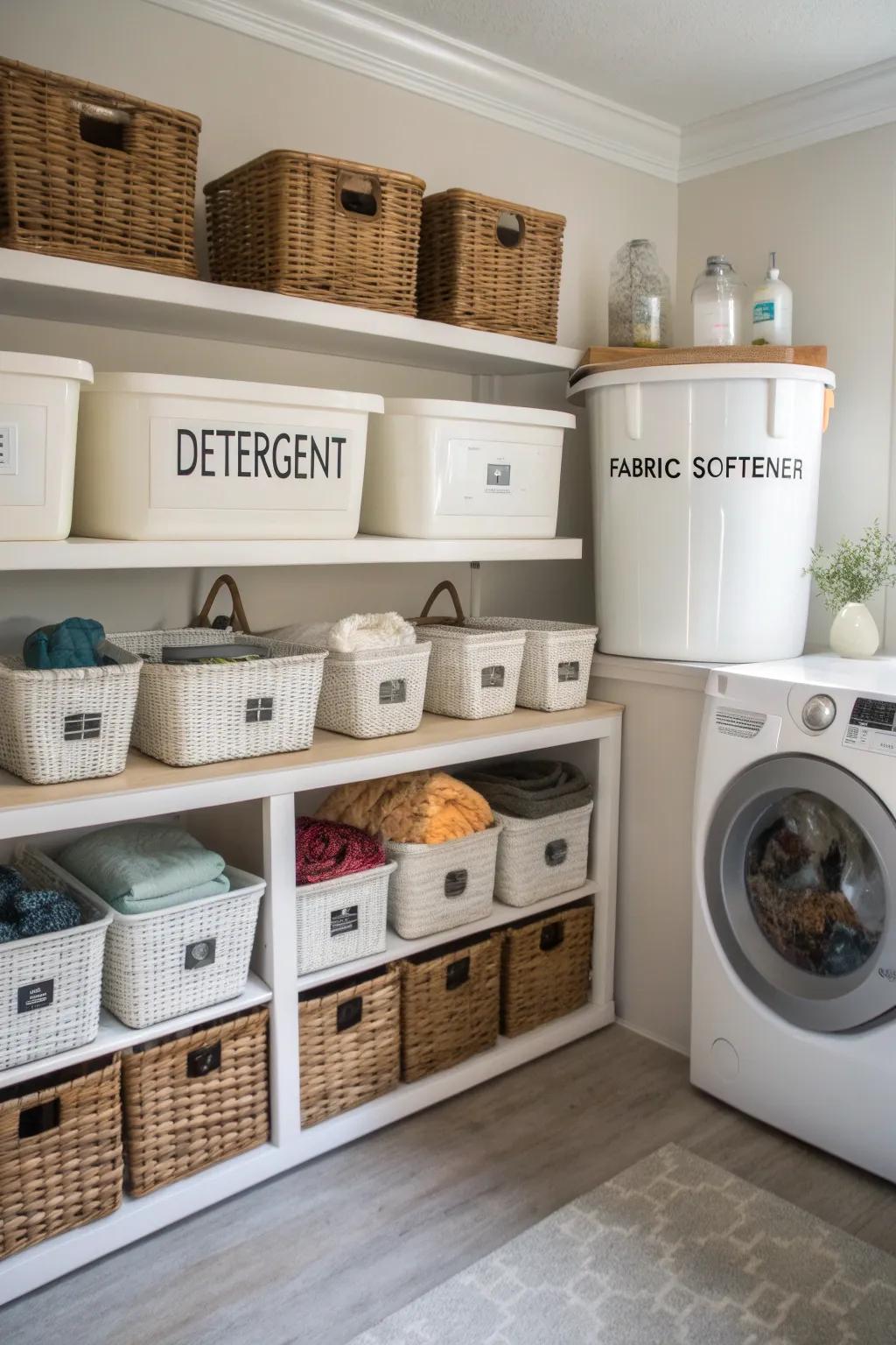 Labels make laundry storage organized and clear.