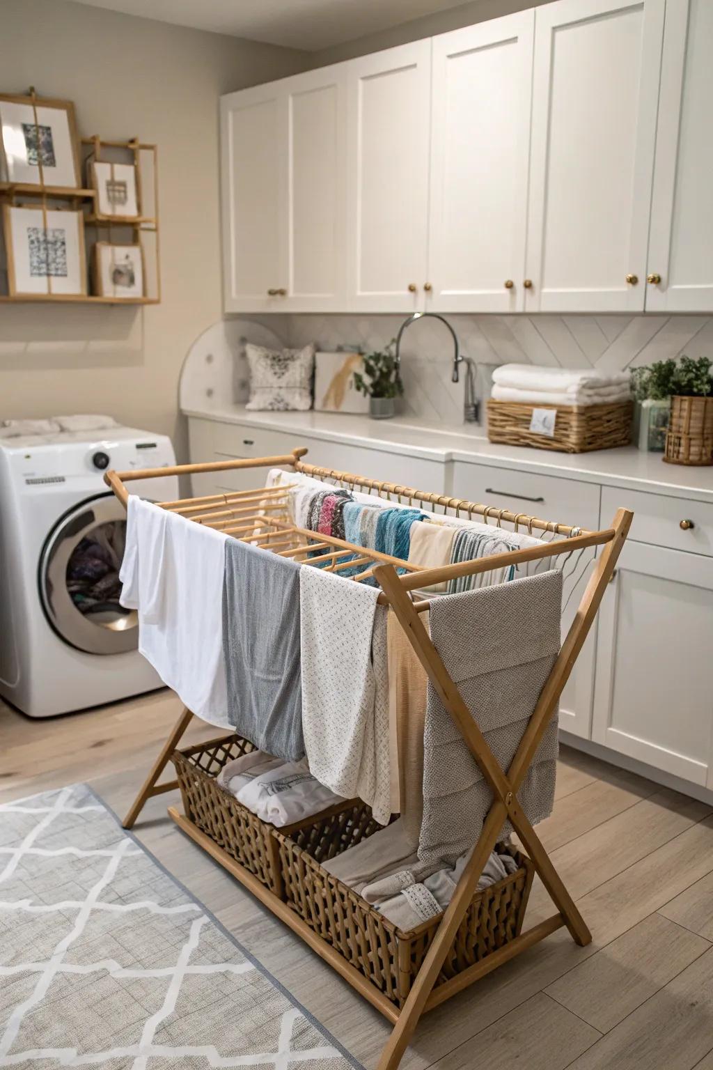A piece of furnishing in a laundry room cleverly converting into a drying system.