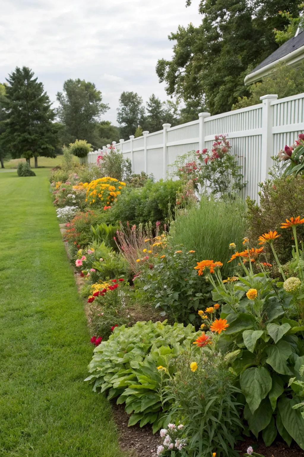 A balanced array of companion plants prospering collectively with a vigorous lawn.