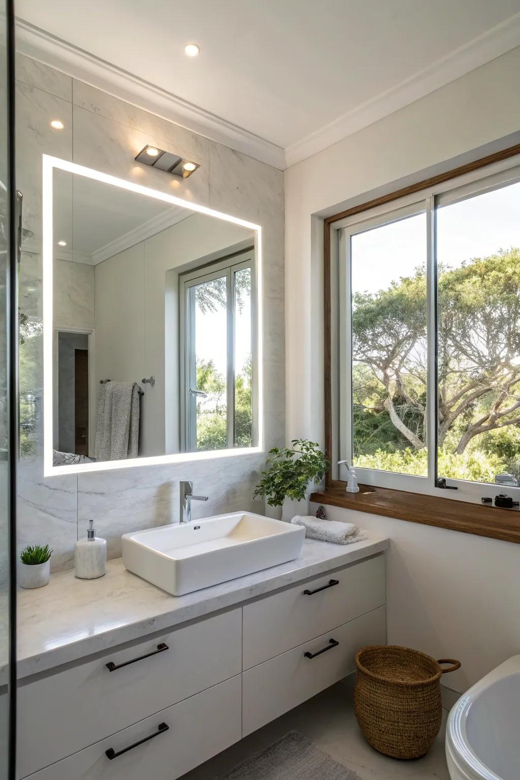 A well-lit bathroom showcases an LED mirror designed to capture natural light.