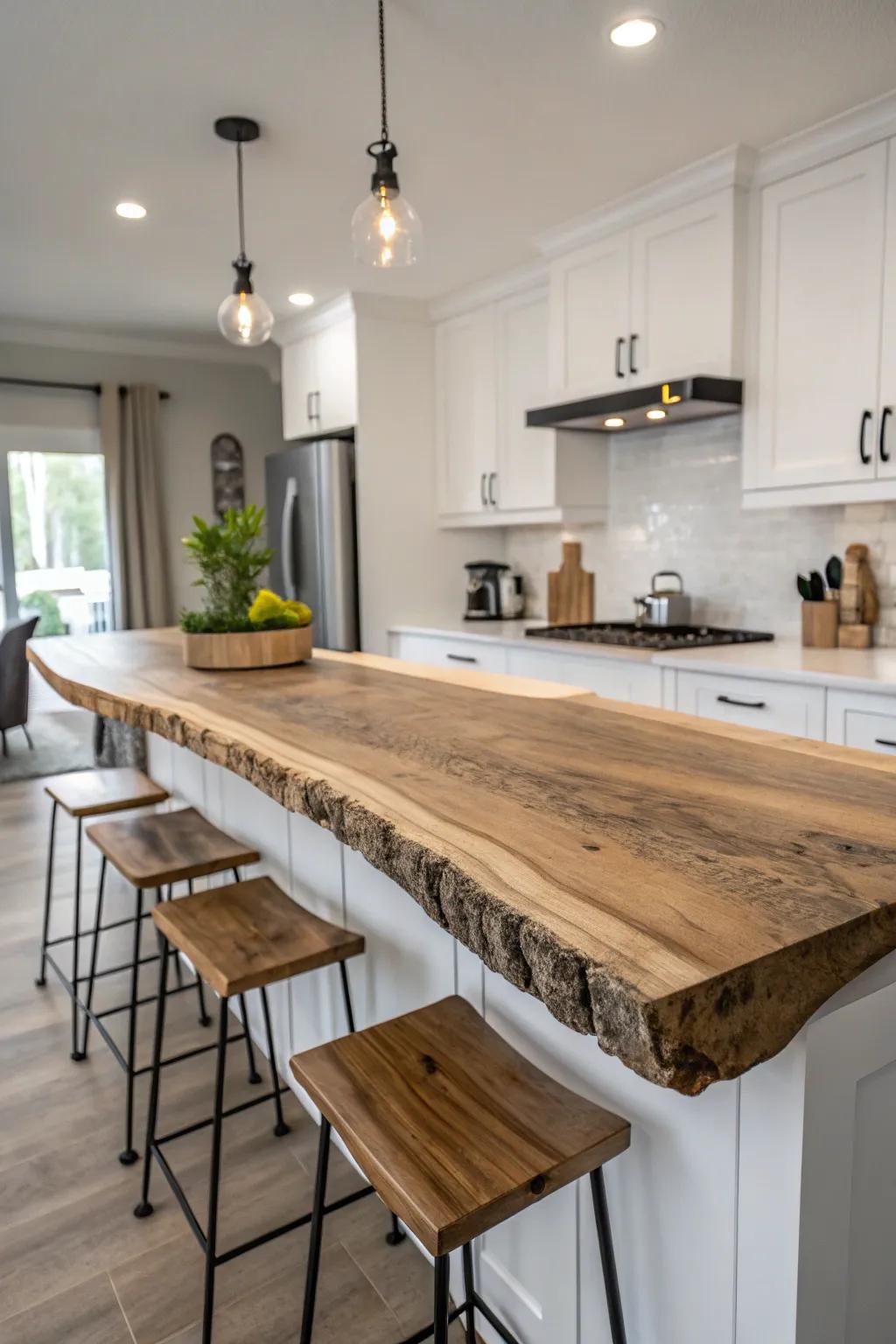 A floating live edge countertop bringing a modern element to a kitchen.