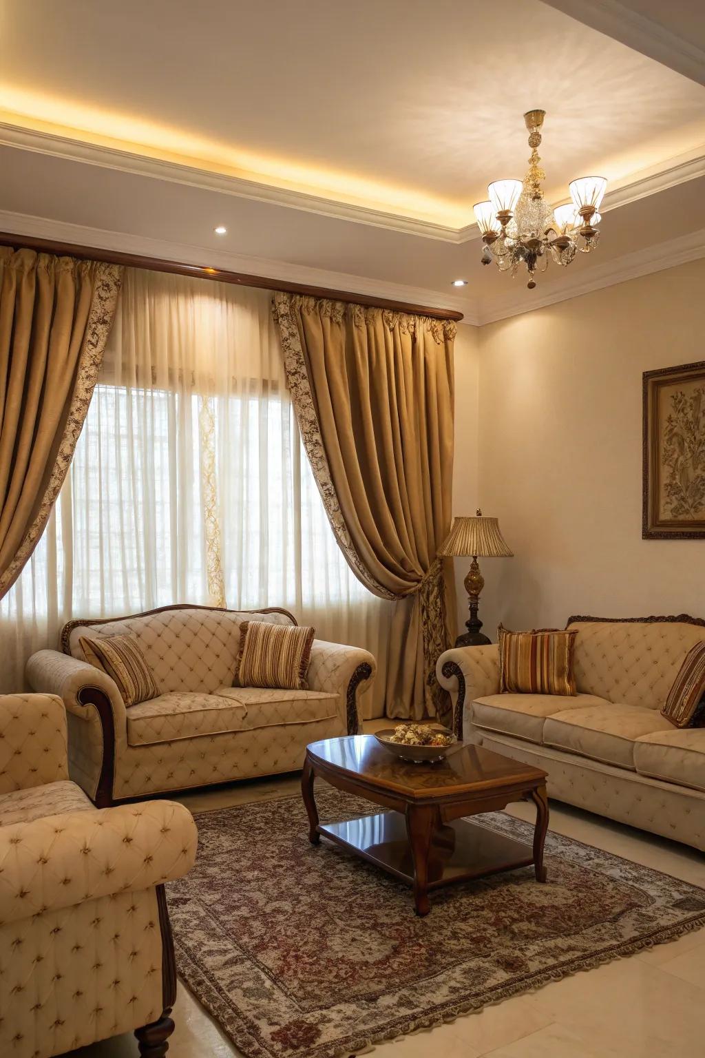 Synchronizing window coverings with furniture fabrics establishes a harmonious living space.