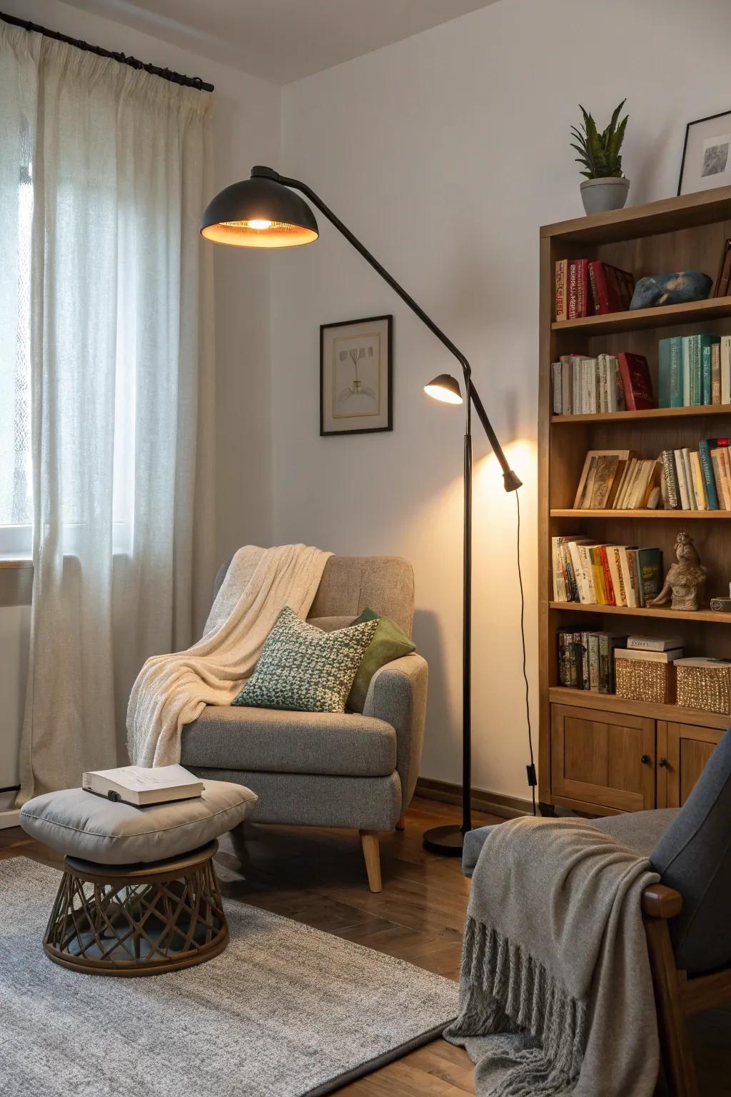 A cozy family room featuring an adjustable task floor lamp.