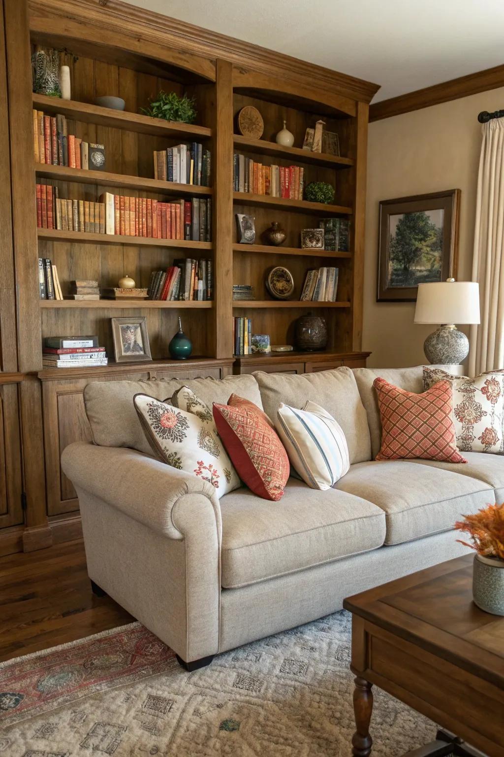 A bookshelf behind the sectional enhances both function and charm.