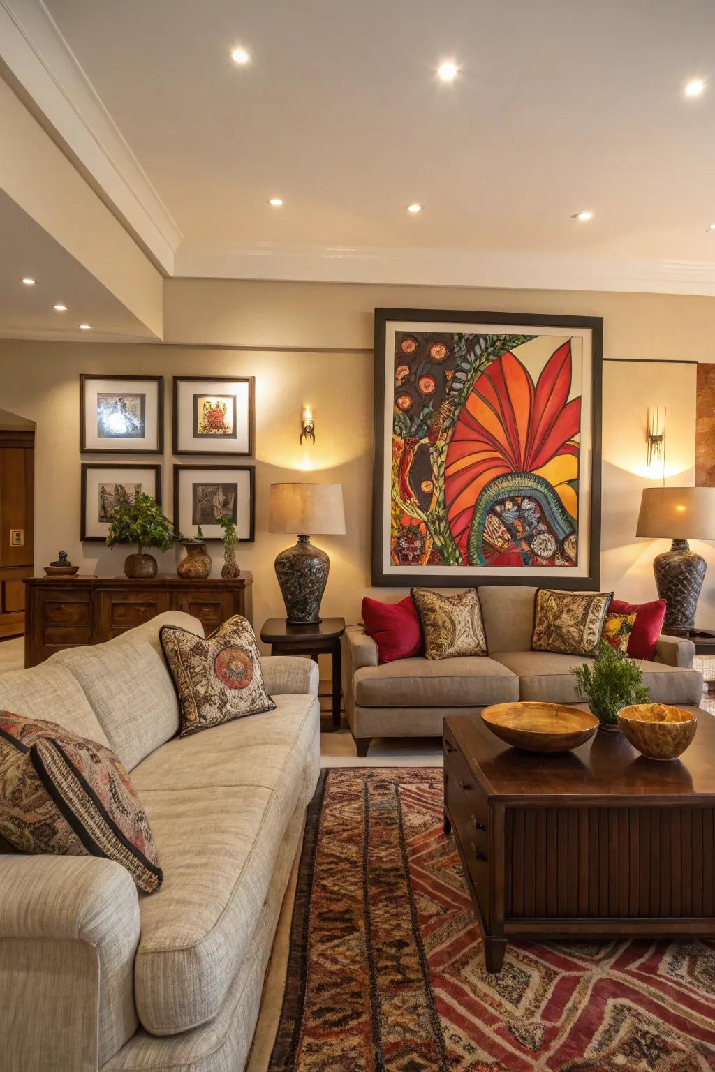 Bold artwork becomes the centerpiece of this stylish family room.