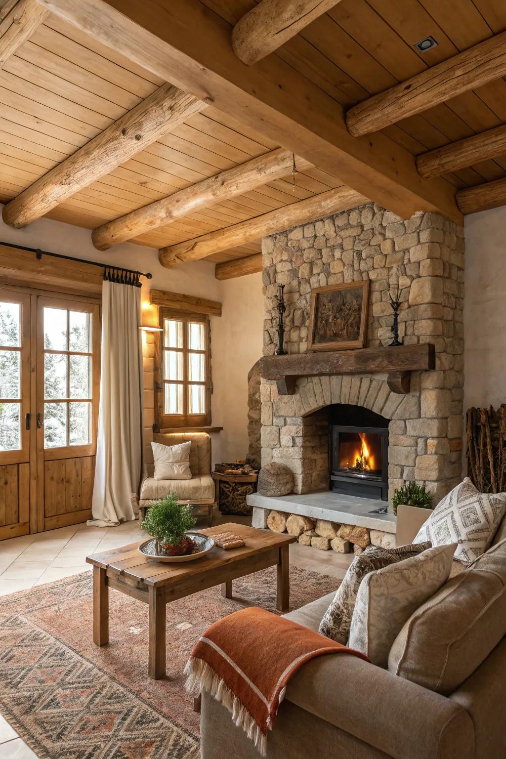 A provincial living space that includes a cozy hearth and timber emphasis.