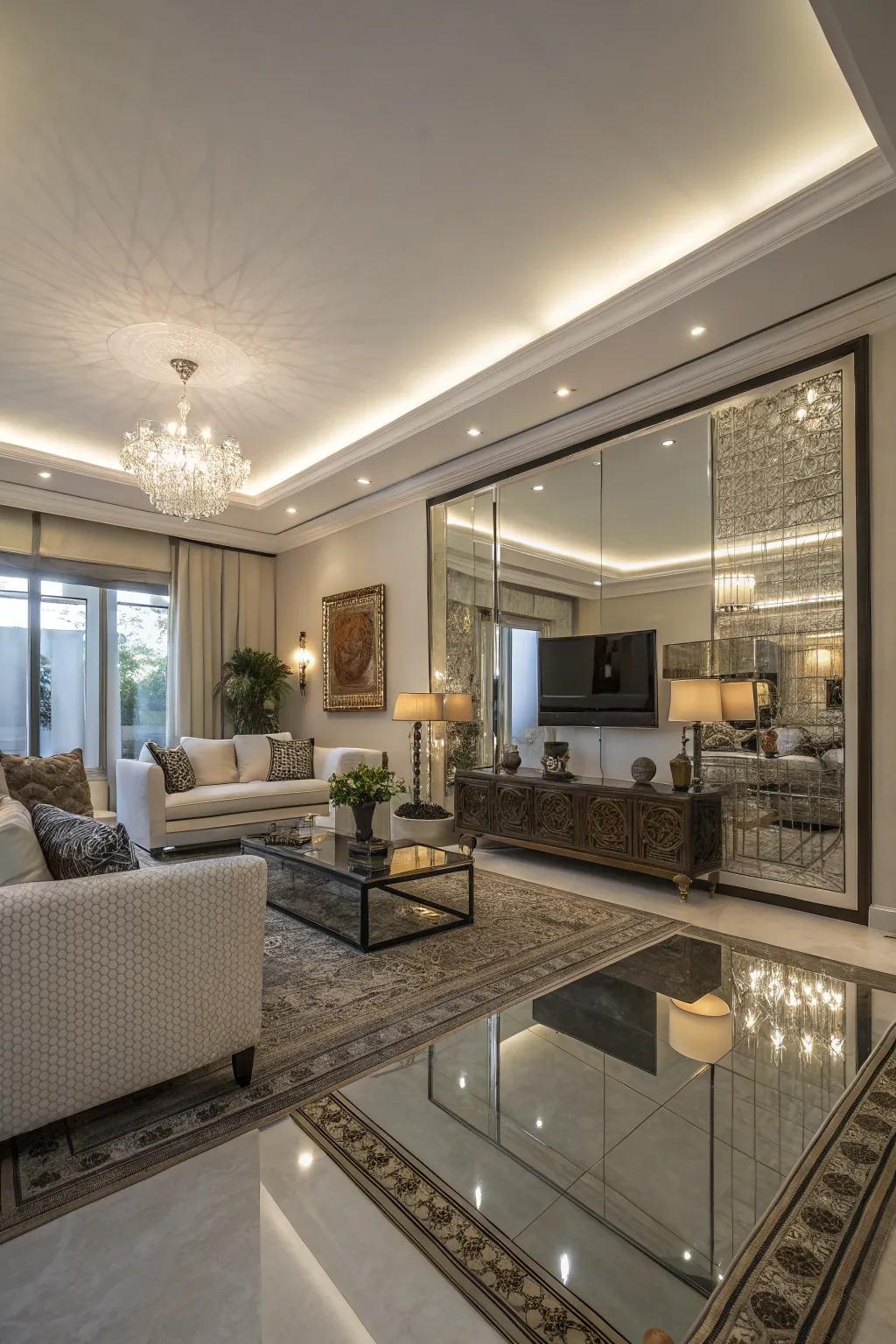 Mirrors and reflective exteriors enhance light and space perception.