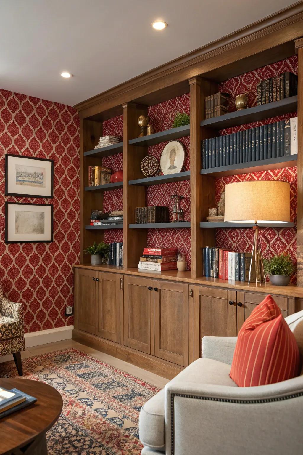 Wallpaper imparting panache and intrigue to the shelves.